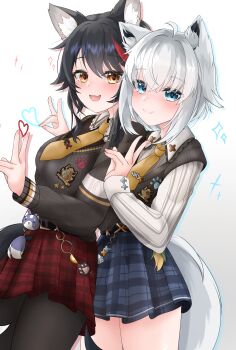 2girls absurdres ahoge animal_ear_fluff animal_ears aqua_eyes black_hair black_sweater blue_skirt closed_mouth collared_shirt commentary fox_ears fox_girl fox_shadow_puppet fox_tail hair_between_eyes hair_ornament highres hololive light_blush long_hair long_sleeves multicolored_hair multiple_girls necktie ookami_mio ookami_mio_(10th_costume) open_mouth orange_eyes pink_nails plaid_clothes plaid_skirt red_hair red_skirt shirakami_fubuki shirakami_fubuki_(11th_costume) shirt skirt smile st-147 sweater symbol-only_commentary tail virtual_youtuber white_shirt wolf wolf_ears wolf_tail yellow_necktie
