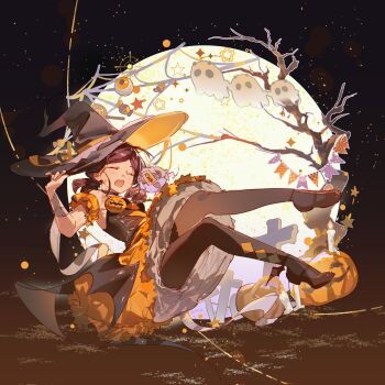 black_thighhighs blue_skin closed_eyes colored_skin halloween_costume hat highres jiangshi mui_(undead_unluck) pumpkin purple_hair shen_(undead_unluck) shen_xiang thighhighs undead_unluck white_hair witch witch_hat