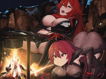 2girls absurdres ahoge armor armored_boots ass belt bodysuit boobplate boots breastplate breasts breath_weapon breathing_fire burning clothing_cutout codpiece color_connection commission cooking_pot drooling fire gauntlets gloomyowl goddess_of_victory:_nikke hair_color_connection highres hungry jacket large_breasts leather leather_jacket leather_pants long_hair mouth_drool multiple_girls night nihilister_(nikke) pants pixiv_commission red_eyes red_hair red_hood_(nikke) red_scarf saliva saliva_on_breasts scarf sitting thigh_cutout top-down_bottom-up yellow_eyes zipper
