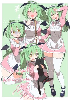 Rule 34 | +++, 1girl, :d, @ @, \||/, absurdres, animal, animal hands, apron, arm up, bat wings, black cat, black shoes, blush, border, bow, bowtie, bright pupils, broom, cat, cat paws, closed eyes, commentary, cowboy shot, cropped legs, demon tail, dress, fang, flying sweatdrops, frilled dress, frills, full body, green background, green hair, hand to own mouth, hand up, highres, holding, holding animal, holding broom, holding cat, juliet sleeves, laughing, long hair, long sleeves, looking at viewer, maid, maid apron, mary janes, mini wings, multi-source commentary, multiple views, no nose, one eye closed, open mouth, original, outside border, pink dress, puffy sleeves, shoes, short dress, signature, simple background, skin fang, smile, tail, tearing up, thank you, thighhighs, turn pale, uruti 2388, white apron, white border, white bow, white bowtie, white pupils, white thighhighs, wings, yellow eyes, zettai ryouiki