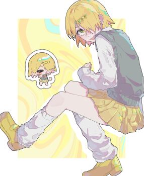1boy blonde_hair blush chibi chibi_inset crossdressing crossdressing_(mtf) dedec_o dr._stone full_body ginro_(dr._stone) green_eyes hair_ornament hair_over_one_eye heart heart_hair_ornament highres long_sleeves looking_at_viewer loose_socks open_mouth pleated_skirt school_uniform shirt shoes short_hair sitting skirt smile socks solo sweater_vest white_shirt white_socks yellow_background yellow_skirt
