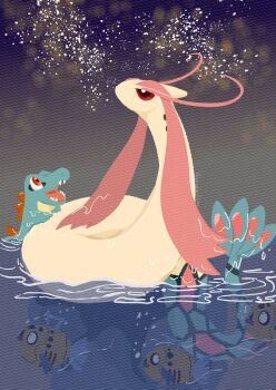 absurdres air_bubble animal_focus bubble colored_sclera fangs feebas fish gen_2_pokemon gen_3_pokemon highres milotic night nintendo no_humans ocean open_mouth pokemon pokemon_(creature) pokemon_focus red_eyes red_sclera sharp_teeth sky smile star_(sky) swimming tail teeth totodile water zozozoshion