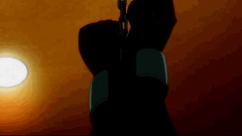 10s 1boy 1girl animated animated_gif anime_screenshot bdsm bondage bound breasts brown_hair cleavage_cutout clothing_cutout cuffs handcuffed handcuffs hetero huge_breasts linda lowres netorare_fighter_yaricchingu ninja ponytail rape sweat