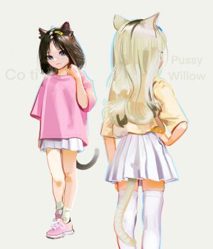 2girls animal_ear_fluff animal_ears artist_name artist_self-insert blue_eyes brown_hair cat_ears cat_girl cat_tail character_name child from_below grey_background hair_ornament hairclip hand_on_own_hip highres miniskirt multiple_girls original pink_shirt pink_shoes pleated_skirt shirt shoes short_hair short_sleeves simple_background skirt smile socks sweetonedollar t-shirt tail thighhighs white_skirt white_socks white_thighhighs yellow_shirt