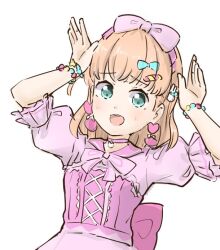 Rule 34 | 1girl, aqua eyes, back bow, bead bracelet, beads, bow, bow hairband, bracelet, choker, commentary request, cross-laced clothes, cross-laced dress, dress, earrings, hair ornament, hairband, happy shijo shugi! (love live!), heart, heart choker, heart earrings, hinoshita kaho, jewelry, light blush, link! like! love live!, looking at viewer, love live!, medium hair, neck ribbon, orange hair, pink bow, pink choker, pink dress, pink ribbon, puffy short sleeves, puffy sleeves, rabbit hair ornament, ribbon, short sleeves, simple background, solo, tazaki masanobu, teeth, two side up, upper body, upper teeth only, virtual youtuber, white background