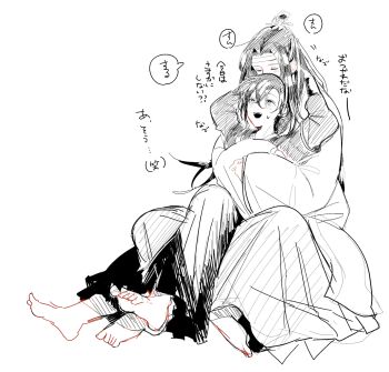 2boys amana_raika barefoot blush closed_eyes couple feet full_body greyscale hair_between_eyes headband highres hug hug_from_behind lan_wangji long_hair long_sleeves looking_at_another male_focus modao_zushi monochrome multiple_boys open_mouth ponytail robe simple_background sitting sitting_on_lap sitting_on_person smile speech_bubble sweatdrop teeth topknot wei_wuxian white_background wide_sleeves xiao_guan_(headdress) yaoi