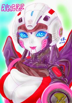 1girl arcee autobot blue_eyes blue_sclera breasts colored_sclera diarmyuri eyelashes glowing glowing_eyes helmet highres humanoid_robot medium_breasts pink_lips robot robot_girl solo transformers transformers:_rise_of_the_beasts transformers_(live_action)