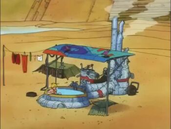 1boy 1girl animated anime_screenshot ass bath bathing blonde_hair blue_eyes blush book desert dragon's_heaven dressing ikuuru laundry mecha nude outdoors ova panties reading robot sound subtitled tagme underwear video wading_pool