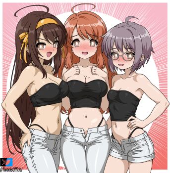 3girls absurdres ahoge asahina_mikuru blush breasts brown_eyes brown_hair embarrassed glasses grey_hair hairband hand_on_own_hip highres large_breasts long_hair looking_at_viewer medium_breasts mole multiple_girls nagato_yuki open_mouth orange_hair orange_hairband short_hair shorts small_breasts smile strapless suzumiya_haruhi suzumiya_haruhi_no_yuuutsu t-works tube_top
