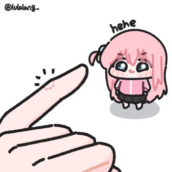 1girl 1other bad_tag bite_mark bite_mark_on_hand blue_eyes bocchi_the_rock! chibi closed_mouth commentary english_commentary gotoh_hitori highres jacket long_hair looking_at_viewer lulalang one_side_up pink_hair pink_jacket pov pov_hands simple_background smile smug standing white_background