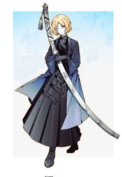 1boy black_boots black_shirt black_sleeves blonde_hair blue_background blue_hakama blue_haori blue_sleeves boots border closed_mouth commentary_request expressionless full_body hakama haori highres holding holding_sword holding_weapon japanese_clothes lace-up_boots layered_sleeves limbus_company long_sleeves male_focus nana_nana_bot one_eye_closed parted_bangs project_moon shirt sinclair_(project_moon) solo split_mouth sword sword_tassel tassel turtleneck turtleneck_shirt undershirt weapon white_border yellow_eyes