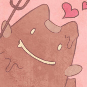 chocolate_syrup commentary_request creature demon deviruchi heart holding holding_pitchfork looking_at_viewer lowres no_humans pink_background pitchfork ragnarok_online susukinohukurou upper_body