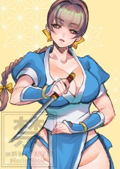 1girl blue_kimono braid braided_ponytail breasts brown_eyes brown_hair cleavage commentary_request cowboy_shot dead_or_alive holding holding_knife japanese_clothes kasumi_(doa) kimono knife large_breasts long_hair rosie_rosie short_sword simple_background solo sword tantou weapon yellow_background