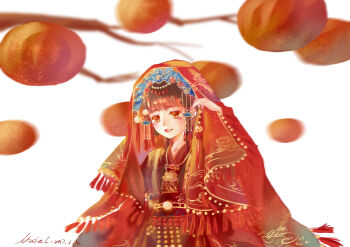 Rule 34 | 1girl, absurdres, adjusting clothes, beads, branch, bridal veil, bride, brown eyes, brown hair, chinese clothes, cloud print, collarbone, dated, floral print, for the vows of love (miracle nikki), fringe trim, hair beads, hair ornament, hanfu, happy, highres, lantern, light blush, light particles, lipstick, long sleeves, looking ahead, makeup, miracle nikki, muriel miaoke, nikki (series), open mouth, paper lantern, pink lips, print veil, red hanfu, red veil, short hair, signature, smile, solo, tassel, teeth, upper body, veil, white background, wide sleeves, xiangyun