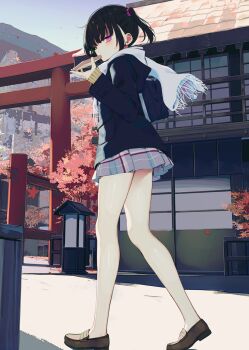 1girl bare_legs bare_legs_girl_(kamizaki_hibana) black_hair bread bread_slice eating food kamizaki_hibana legs looking_at_viewer no_socks original outdoors pink_eyes scarf school_uniform skirt solo toast torii twintails