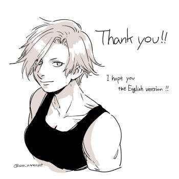 1girl ano_amesuke breasts commentary_request english_text engrish_text highres large_breasts muscular muscular_female ranguage ruby_(tonari_no_kinniku_joshi) short_hair smile solo tank_top thank_you tonari_no_kinniku_joshi twitter_username upper_body