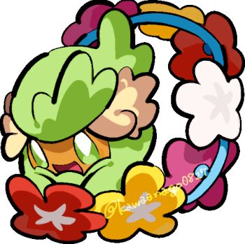chibi chibi_only comfey commentary_request flower full_body gen_7_pokemon kawaanago lowres nintendo no_humans open_mouth pink_flower pokemon pokemon_(creature) pokemon_focus red_flower smile solo transparent_background twitter_username white_flower yellow_flower