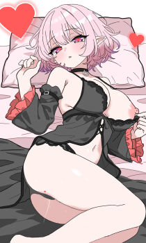 69rev_ bare_legs barefoot black_panties choker elf heart heart-shaped_pupils lingerie lucid_(maplestory) lying maplestory midriff nipple_slip nipples on_back on_bed panties pillow pink_eyes pink_hair pointy_ears pussy_juice symbol-shaped_pupils underwear