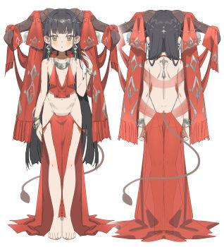 1girl absurdres ass bangle barefoot black_hair blush bracelet choker earrings expressionless flat_chest from_behind full_body green_eyes highres horn_ornament horns jewelry large_horns long_hair looking_at_viewer multiple_views navel nemo_(leafnight) original pelvic_curtain revealing_clothes simple_background straight-on tail toes very_long_hair white_background