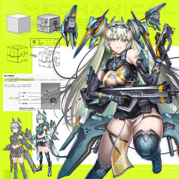 2girls blonde_hair boots breasts commentary_request cyberpunk cyborg dual_wielding gia green_eyes gun handgun holding holding_gun holding_weapon long_hair looking_at_viewer mechanical_arms medium_breasts multiple_girls original pelvic_curtain rifle see-through_clothes see-through_pelvic_curtain short_hair thigh_boots trigger_discipline weapon yellow_eyes