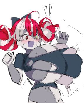 ! !! 1girl absurdres ahoge alternate_breast_size_(larger) black_bow blunt_ends blush bow breasts colored_skin double_bun erroz_(errozthewhite) gradient_eyes green_eyes grey_skin hair_bow hair_bun heterochromia highres hololive hololive_indonesia kureiji_ollie large_breasts long_hair mismatched_pupils multicolored_eyes multicolored_hair multicolored_skin patchwork_skin red_eyes red_hair simple_background solo stitched_arm stitched_face stitched_torso stitches surprised torn_clothes two-tone_skin white_background white_hair white_skin yellow_eyes zombie