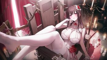 1girl absurdres as4_s2 blush breasts candle chair cleavage commentary flower goddess_of_victory:_nikke highres large_breasts long_hair looking_at_viewer mihara_(bonding_chain)_(nikke) mihara_(bonding_chain)_(pain_eater)_(nikke) mihara_(nikke) parted_lips purple_eyes red_flower red_rose rose sitting solo thorns wooden_chair