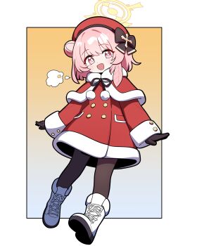 1girl absurdres beret black_gloves black_pantyhose blue_archive blush boots feather_hair feathers full_body gloves hair_bun halo hat highres jorang_(jorang08) long_sleeves medium_hair official_alternate_costume open_mouth pantyhose pink_eyes pink_hair red_hat santa_costume serina_(blue_archive) serina_(christmas)_(blue_archive) simple_background single_hair_bun single_side_bun smile solo two-tone_background white_boots yellow_halo