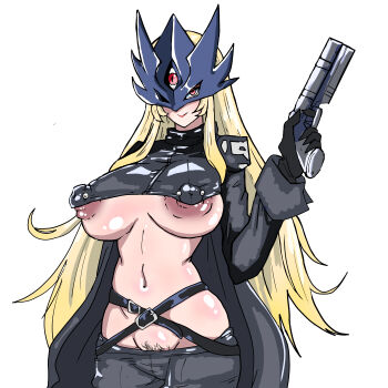 1girl absurdres babuhiko beelstarmon black_gloves blonde_hair breasts cape commentary cropped_jacket digimon digimon_(creature) female_focus female_pubic_hair gloves gun highres holding holding_gun holding_weapon large_breasts long_hair looking_at_viewer mask mismatched_pubic_hair navel pubic_hair shiny_skin simple_background smile third_eye underboob weapon white_background