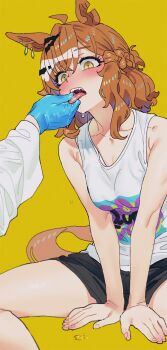 1girl 1other animal_ears arm_support black_pants blue_gloves blush brown_hair collarbone commentary drooling fangs gloves hair_ornament highres holding_another's_tongue horse_ears horse_girl horse_tail jungle_pocket_(casual)_(umamusume) jungle_pocket_(umamusume) multicolored_hair notched_ear open_mouth pants saliva sarcophage short_hair sitting solo_focus streaked_hair tail tank_top tongue tongue_grab tongue_out umamusume white_streaks white_tank_top yellow_background yellow_eyes