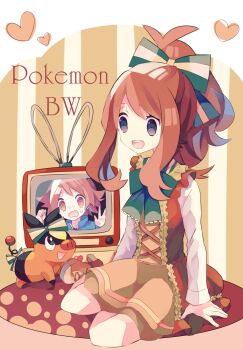 Rule 34 | 1boy, 1girl, black eyes, bow, brown eyes, brown hair, copyright name, crt, eyelashes, full body, gen 5 pokemon, green bow, heart, highres, hilbert (pokemon), hilda (pokemon), long sleeves, nagatsukiariake, nintendo, open mouth, pokemon, pokemon (creature), pokemon bw, ponytail, rabbit ears antenna, short hair, tepig, trapped