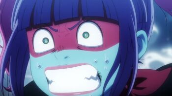 2girls 5boys animated anime_screenshot antennae aqua_skin bare_shoulders belt biceps black_gloves black_hair black_leotard blue_skin bodysuit boots breasts brown_hair cleavage clenched_hands closed_mouth colored_skin commentary_request cosplay dress elbow_gloves electro_wave_human_tackle electro_wave_human_tackle_(cosplay) eye_mask facial_hair falling gloves green_eyes helmet hook_hand huge_breasts jumping kamen_rider kamen_rider_(1st_series) kamen_rider_1 kamen_rider_stronger_(series) kamen_rider_v3 kamen_rider_v3_(series) koumori_otoko_(kamen_rider) large_breasts leotard long_hair long_sleeves looking_ahead makeup mask multicolored_hair multiple_boys multiple_girls muscular muscular_male necktie okada_yuriko open_mouth pants purple_hair red_eyes red_helmet red_scarf ribbon riderman riderman_(cosplay) scarf shimamura_ichiyo shimamura_mitsuba shiny_clothes shirt shocker_(kamen_rider) shocker_combatant short_hair tagme tanzaburou_toujima teamwork toujima_tanzaburou_wa_kamen_rider_ni_naritai twintails video weapon white_scarf wide_hips wrestling yellow_belt yellow_gloves yellow_scarf yukarisu