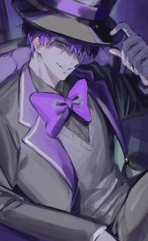 1boy adapted_costume adjusting_clothes adjusting_headwear bandaged_hand bandages black_jacket bow grey_pants grey_vest hashtag-only_commentary hat highres jacket kenmochi_touya kenmochi_touya_(1st_costume) looking_at_viewer male_focus miroku_(butuzo33) nijisanji pants purple_bow purple_hair sharp_teeth solo teeth top_hat vest virtual_youtuber