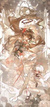 2girls bird blue_eyes bow brown_hair brown_halo chibi chibi_inset commission dove dress eyelashes floating_hair flower gem hair_between_eyes hair_bow hair_flower hair_ornament halo highres holding holding_flower long_hair luhui mihuashi_commission multiple_girls open_mouth original pearl_(gemstone) red_flower shoes sidelocks thighhighs thorns veil watermark white_bird white_bow white_dress white_flower white_thighhighs white_veil