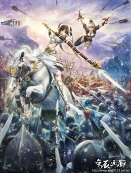 Rule 34 | 2girls, armor, army, arrow (projectile), battle, blonde hair, dual wielding, flag, holding, horse, jumping, long hair, mountain, multiple girls, polearm, ponytail, riding, sky, snow, spear, sunrise, sword, twintails, very long hair, war, weapon