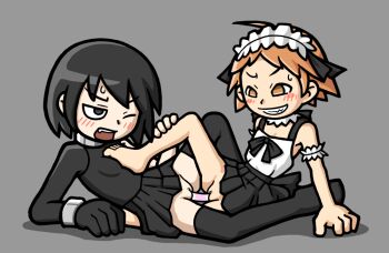 2girls apron barefoot black_dress black_eyes black_hair black_skirt black_socks blush character_request clitoral_hood dildo double_dildo dress fang feet gloves grey_background grin loli maid maid_apron maid_headdress multiple_girls object_insertion one_eye_closed open_mouth orange_eyes orange_hair pussy pussy_juice sex_toy shared_object_insertion short_hair skirt smile socks thighhighs toes uncensored vaginal vaginal_object_insertion yoshikage_(k_hisagi) yuri