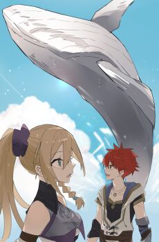 Rule 34 | 1boy, 1girl, 1other, absurdres, adol christin, animal, bare shoulders, blonde hair, blue eyes, blue sky, braid, brown eyes, cloud, flying whale, george man, highres, hood, hoodie, karja balta, long hair, open mouth, red hair, short hair, side braid, side ponytail, single braid, sky, smile, whale, ys, ys x: nordics
