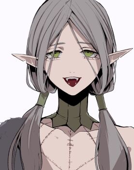 1boy chest_tattoo dungeon_meshi elf fangs gorget green_eyes grey_hair hair_around_ear hair_tubes highres long_hair low_twintails lycion male_focus notched_ear open_mouth pointy_ears r06ku simple_background smile solo tattoo twintails upper_body white_background