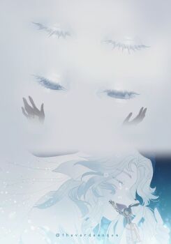 1girl 1other ambiguous_gender animal_ears black_gloves blue_background blue_eyes blue_hair blue_theme closed_eyes colored_skin commentary english_commentary final_fantasy final_fantasy_xiv fins giant giantess gloves half-closed_eyes hands_on_another's_face happy_tears head_fins highres hydaelyn medium_hair open_mouth portrait purple_lips rabbit_ears sequential size_difference smile tears theverdeacqua twitter_username viera warrior_of_light_(ff14) wavy_hair white_skin