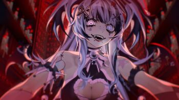 1girl armlet bare_shoulders bell black_bow black_streaks bow breasts cleavage cleavage_cutout clothing_cutout commentary crazy crazy_eyes crazy_smile english_commentary euntae face_piercing fangs hair_bow hair_sprinkles heavy_breathing heterochromia highres indie_virtual_youtuber jewelry jingle_bell labret_piercing large_breasts long_hair looking_at_viewer makeup multicolored_hair neck_bell open_mouth piercing pink_eyes purple_eyes purple_hair red_background ringed_eyes second-party_source smile solo spiked_armlet spikes sprinkle_hershy sprinkles streaked_hair swept_bangs teeth upper_body virtual_youtuber