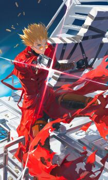 1boy blonde_hair blue_eyes bullet coat commentary cross_punisher fingerless_gloves glint gloves gun handgun highres large_cross long_coat meowmeowmeow326 orange-tinted_eyewear prosthesis prosthetic_arm red_coat revolver round_eyewear spiked_hair symbol-only_commentary tinted_eyewear trigun undercut vash_the_stampede weapon