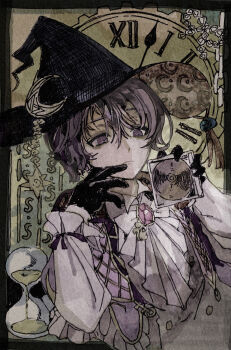 1boy analog_clock ascot black_gloves black_hair brooch cd cd_case clock closed_mouth commentary_request crescent crescent_hat_ornament crescent_print gloves hand_to_own_mouth hat hat_ornament highres holding_cd hourglass jewelry looking_at_object lumiere_(tsuki_no_hikari_no_kusari-ya-san) male_focus muted_color nyannsaka original puffy_sleeves purple_eyes purple_hair roman_numeral shirt short_hair solo tsuki_no_hikari_no_kusari-ya-san upper_body white_ascot white_shirt witch_hat wizard