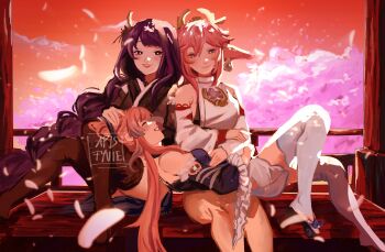 3girls absurdres alternate_costume animal_ear_piercing apisfyvie armpit_crease artist_name bare_shoulders black_thighhighs blunt_bangs braid cherry_blossoms closed_eyes closed_mouth commentary commission dawn detached_sleeves dress earrings english_commentary bad_tag from_side genshin_impact gradient_hair hair_between_eyes hair_ornament headpiece heads_together highres japanese_clothes jewelry kimono knees_up light_smile long_braid long_hair long_sleeves looking_down lying lying_on_person mole mole_under_eye multicolored_hair multiple_girls on_back outdoors parted_lips pendant pink_hair purple_kimono raiden_shogun sangonomiya_kokomi single_braid sitting streaked_hair sunset thighhighs tree white_thighhighs wide_sleeves yae_miko yuri