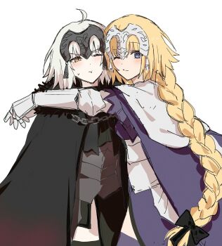 Rule 34 | 2girls, ahoge, blonde hair, blue eyes, braid, braided ponytail, closed mouth, dual persona, fate/grand order, fate (series), headpiece, highres, hug, hug from side, jeanne d'arc (fate), jeanne d'arc (ruler) (fate), jeanne d'arc alter (avenger) (fate), jeanne d'arc alter (avenger) (first ascension) (fate), jeanne d'arc alter (fate), light blush, long hair, looking at viewer, multiple girls, nekwnek, one eye closed, pout, short hair, smile, white hair, yellow eyes