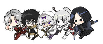 2boys 3girls albina_(project_moon) android black_eyes black_hair black_hakama black_sleeves blue_jacket cape chain chibi closed_mouth cuffs-to-collar gloves grey_hair hakama haori hashtag-only_commentary high_ponytail highres jacket japanese_clothes kira_(project_moon) limbus_company long_hair lucio_(project_moon) multiple_boys multiple_girls necktie pants pinch_(nesume) ponytail project_moon purple_eyes purple_pants red_necktie red_pants red_vest ren_(project_moon) running seams simple_background sora_(project_moon) sword sword_on_back track_pants vest weapon weapon_on_back white_background white_cape white_gloves white_hair white_jacket