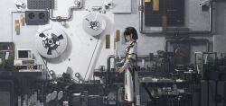 Rule 34 | 1girl, absurdres, animal ears, black hair, camera, cat ears, cat girl, coat, from side, hashtag-only commentary, highres, indoors, industrial pipe, keyboard (computer), original, power strip, red eyes, rotarran, scenery, solo, standing, white coat