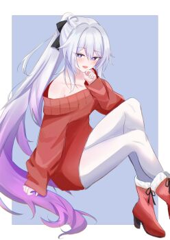 1girl absurdres alternate_costume blue_background blue_eyes boots border breasts commentary cross-shaped_pupils english_commentary highres honkai_(series) honkai_impact_3rd kiana_kaslana kiana_kaslana_(herrscher_of_finality) long_hair medium_breasts pantyhose purple_hair red_boots red_sweater solo sweater symbol-shaped_pupils very_long_hair white_border white_hair white_pantyhose yue_kanade