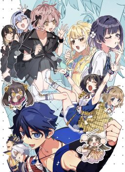 3boys 6+girls amami_haruka blonde_hair blue_eyes blue_hair braid brown_hair chibi clenched_hand cometik_(idolmaster) dress enjoji_michiru flower fujita_kotone gakuen_idolmaster grey_hair hair_flower hair_ornament hataya_misuzu highres idol idolmaster idolmaster_cinderella_girls idolmaster_shiny_colors idolmaster_side-m ikaruga_luca ikuta_haruki jewelry kikanngenntei kizaki_ren kuramoto_china looking_at_viewer matoba_risa multiple_boys multiple_girls necklace outline purple_hair superimposition suzuki_hana taiga_takeru the_kogado_(idolmaster) twin_braids twintails twitter_username white_outline