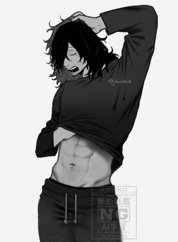 1boy abs adversarial_noise aizawa_shota boku_no_hero_academia closed_eyes drawstring greyscale hand_on_own_head highres jibun0624 long_sleeves male_focus messy_hair monochrome navel open_mouth pants short_hair signature simple_background sleepy solo sparse_stubble sweater sweatpants tears toned toned_male watermark yawning