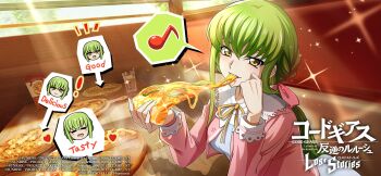 ! 1girl =_= blush bow breasts c.c. cheese cheese_trail chibi chibi_inset code_geass code_geass:_lost_stories copyright_name cup english_text eyebrows_hidden_by_hair food glint green_hair hair_bow head_tilt heart highres holding holding_food holding_pizza indoors looking_at_viewer low_ponytail medium_breasts musical_note official_art open_mouth parted_lips pink_bow pizza pizza_slice ponytail shadow smile speech_bubble spoken_musical_note water yellow_eyes