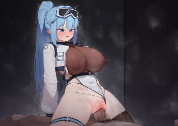 1boy 1girl black_thighhighs blue_eyes blue_hair blush breasts commission covered_erect_nipples covered_navel cowgirl_position cropped_jacket from_side girl_on_top goggles goggles_on_head h.pn hetero high_ponytail highres indoors jacket large_breasts large_variant_set long_hair o-ring o-ring_thigh_strap open_clothes open_jacket open_mouth original penis pointy_ears ponytail pussy second-party_source sex single_thighhigh smile solo_focus straddling thigh_strap thighhighs uncensored vaginal variant_set white_jacket